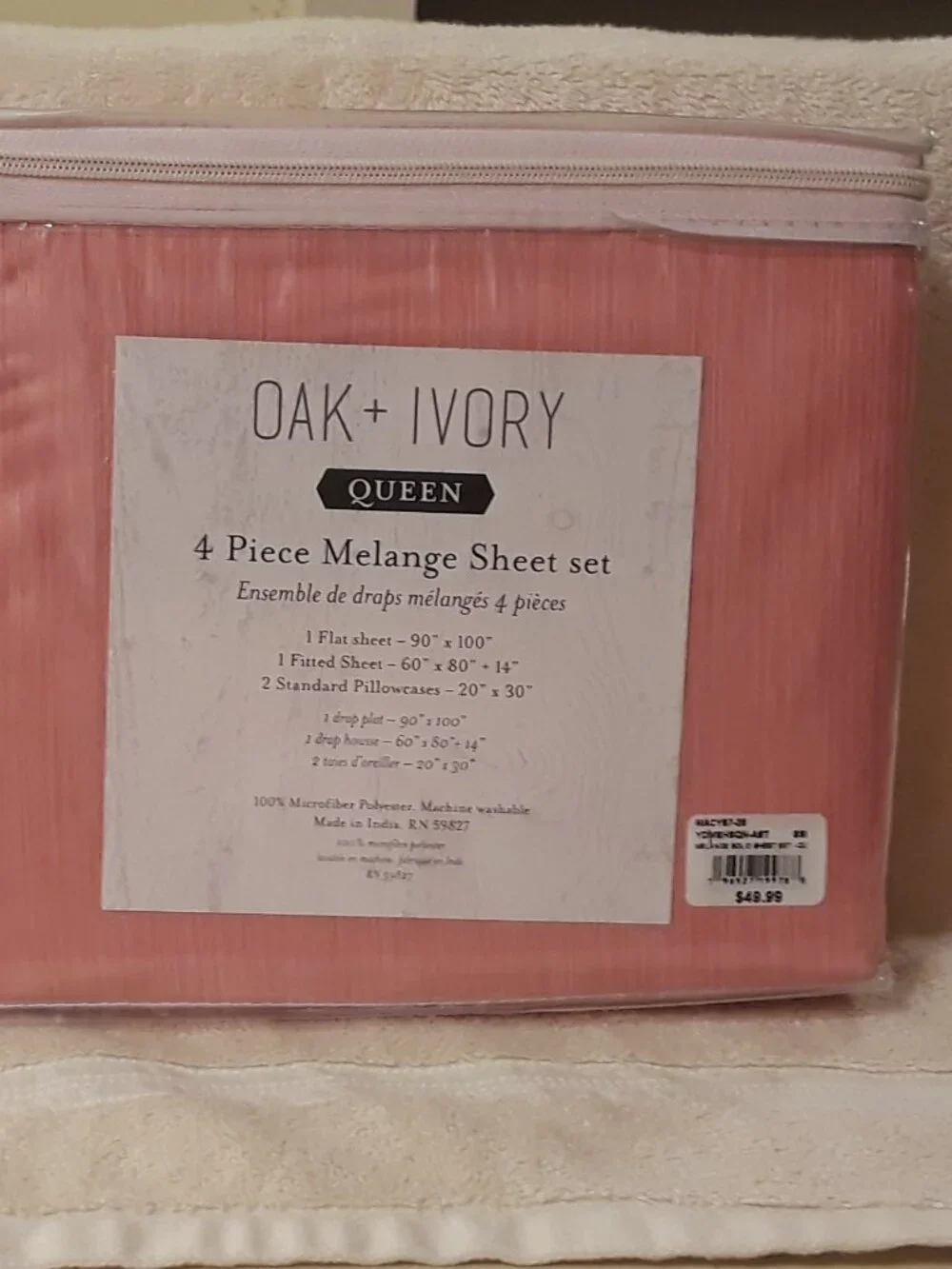Oak + Ivory Queen Sheet Set 4-Pc Melange Peachy/Pink Microfiber NWT Bedding